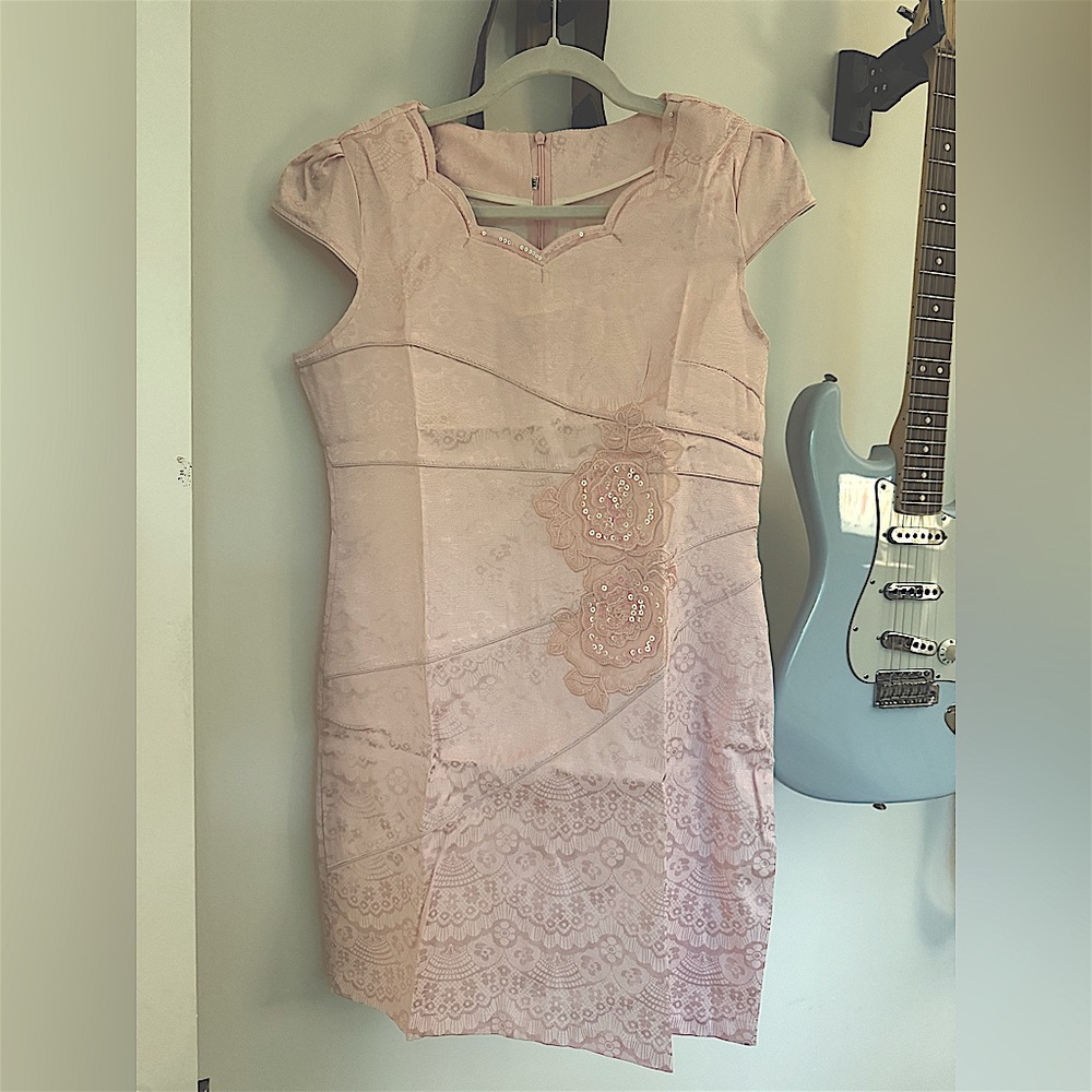 Women's Pink Lace Cheongsam Dress with Floral Sequin Detail sz 8